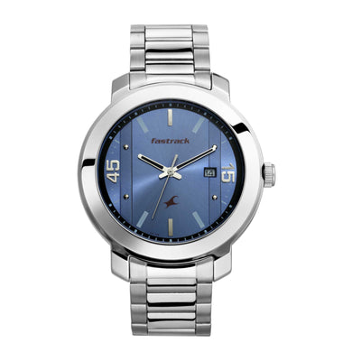 Fastrack Bare Basics Quartz Analog with Date Blue Dial Stainless Steel Strap Watch for Guys