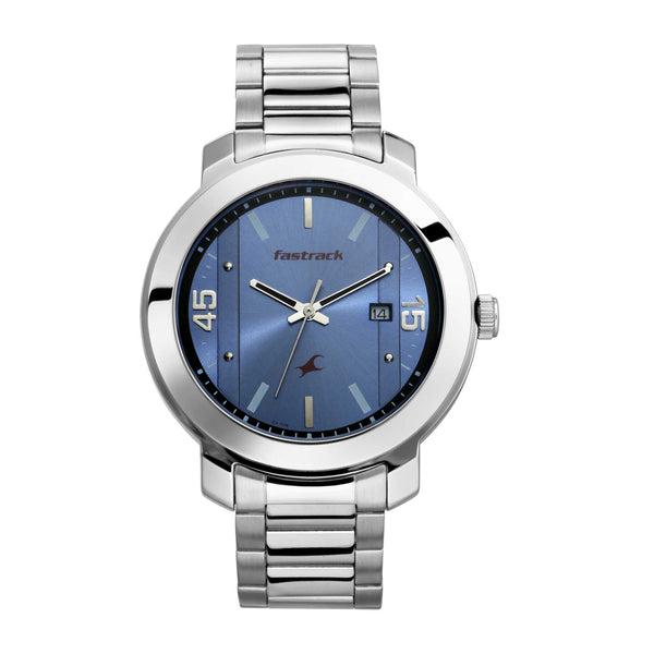 Fastrack Bare Basics Quartz Analog with Date Blue Dial Stainless Steel Strap Watch for Guys