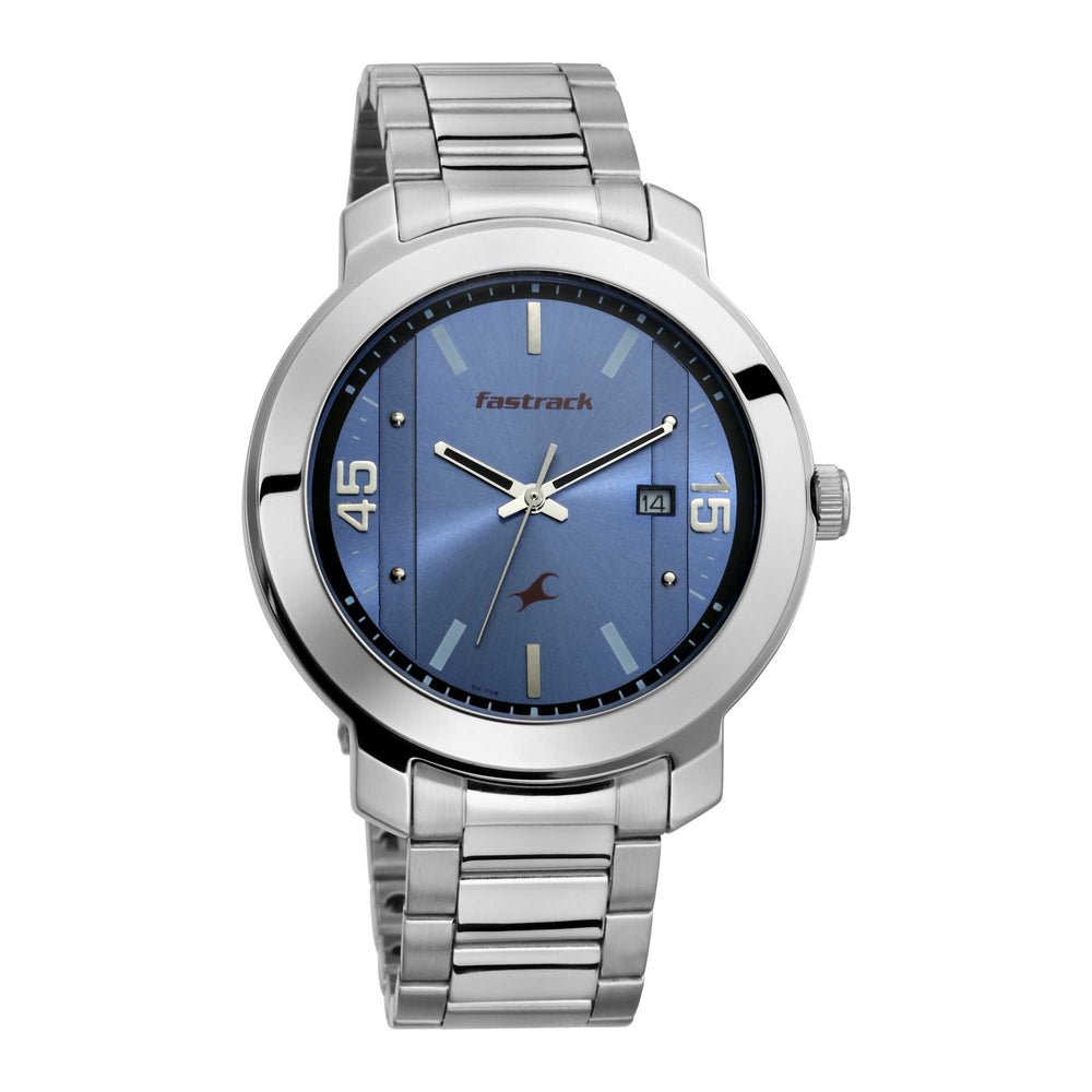 Fastrack Bare Basics Quartz Analog with Date Blue Dial Stainless Steel Strap Watch for Guys