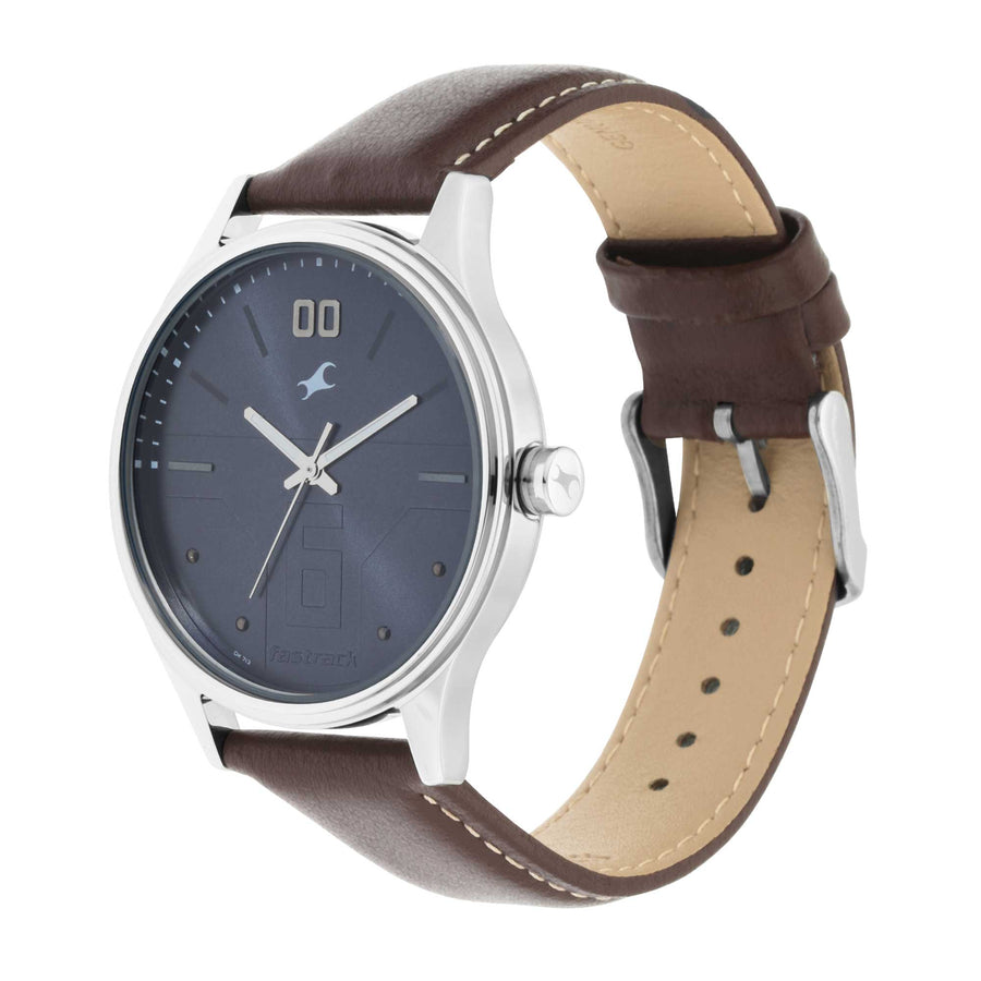 Fastrack Bare Basics Quartz Analog Blue Dial Leather Strap Watch for Guys