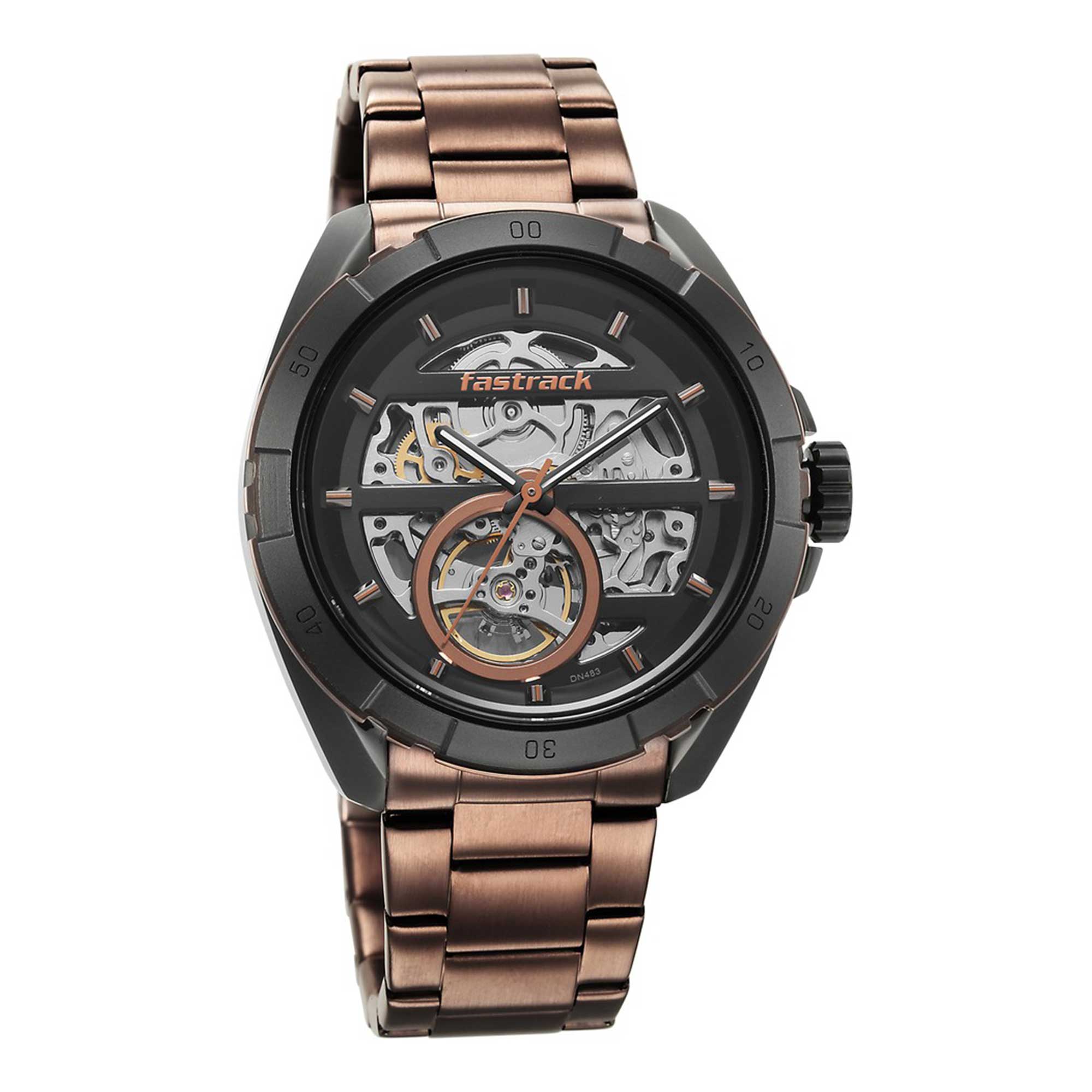 Fastrack Automatics Black Dial Brown Stainless Steel Strap Watch For Guys