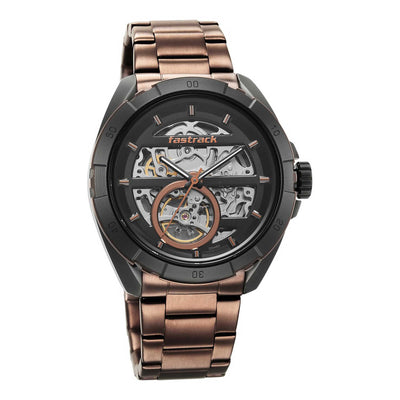 Fastrack Automatics Black Dial Brown Stainless Steel Strap Watch For Guys