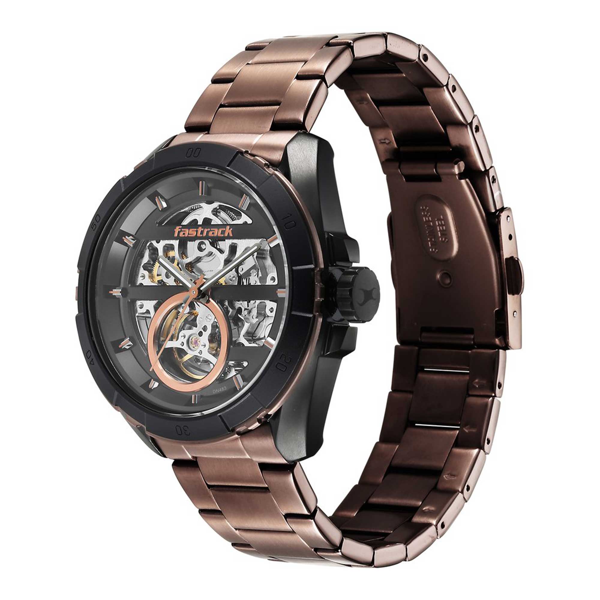 Fastrack Automatics Black Dial Brown Stainless Steel Strap Watch For Guys