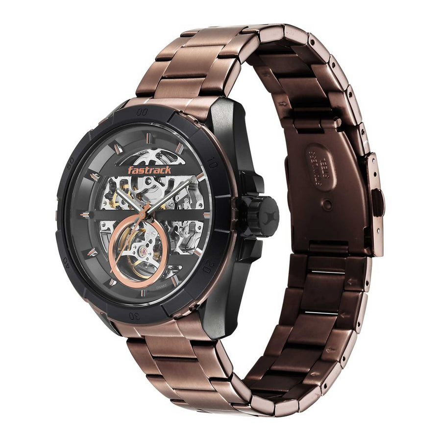 Fastrack Automatics Black Dial Brown Stainless Steel Strap Watch For Guys
