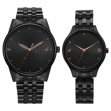 Fastrack Mixmatched Quartz Analog Black Dial With Black Metal Strap Watch For Couple