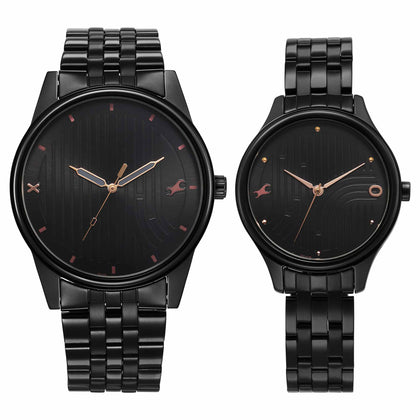 Fastrack Mixmatched Quartz Analog Black Dial With Black Metal Strap Watch For Couple