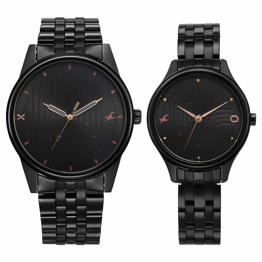 Fastrack Black Dial Metal Strap Analog Watch for Couple
