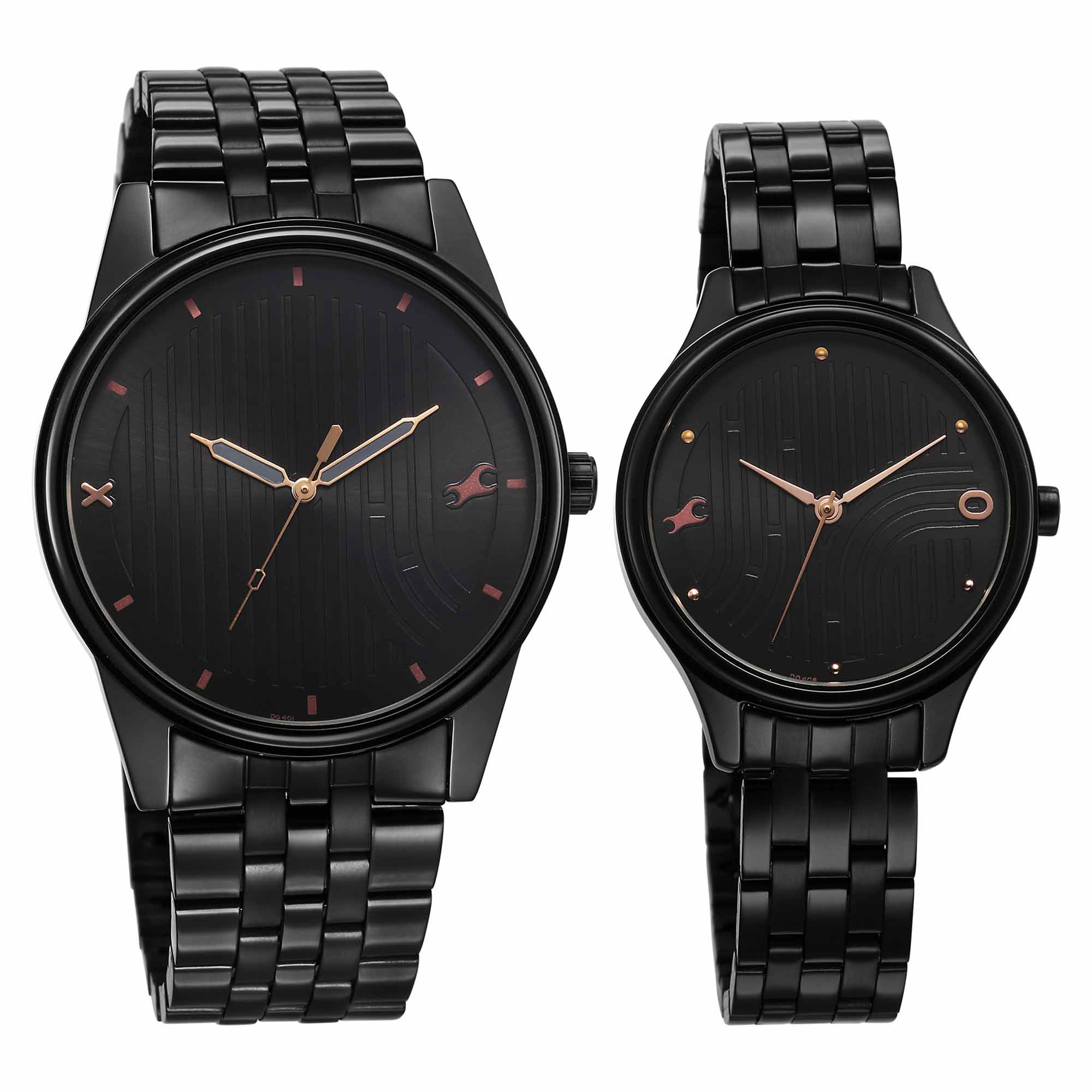 Fastrack Mixmatched Quartz Analog Black Dial With Black Metal Strap Watch For Couple