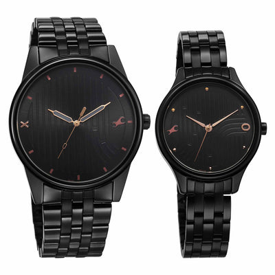 Fastrack Black Dial Metal Strap Analog Watch for Couple