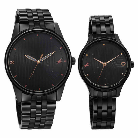 Fastrack Mixmatched Quartz Analog Black Dial With Black Metal Strap Watch For Couple