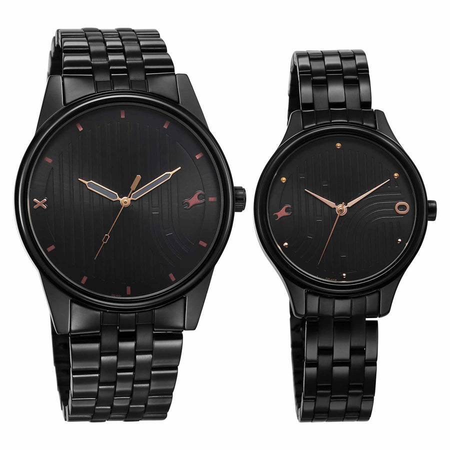 Fastrack Black Dial Metal Strap Analog Watch for Couple