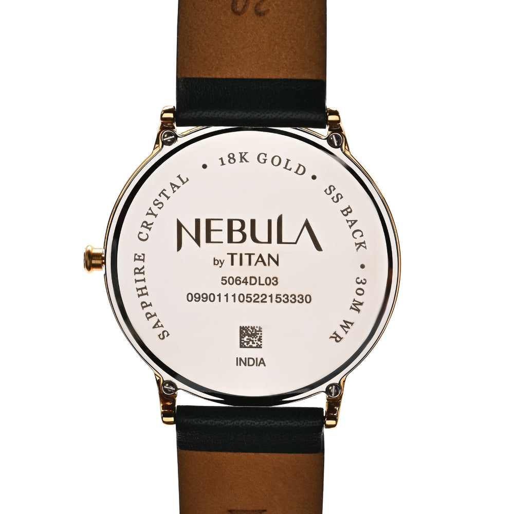 Titan Nebula 18K Gold Dial Green Leather Strap Analog with Date Watch for Men