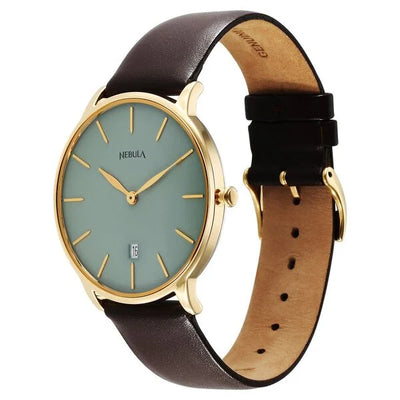 Titan Nebula 18K Gold Dial Brown Leather Strap Analog with Date Watch for Men