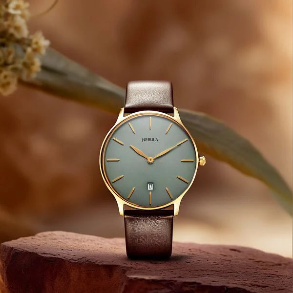 Titan Nebula 18K Gold Dial Brown Leather Strap Analog with Date Watch for Men