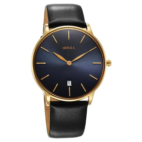 Titan Nebula 18K Gold Dial Black Leather Strap Analog with Date Watch for Men