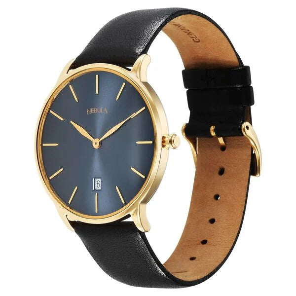 Titan Nebula 18K Gold Dial Black Leather Strap Analog with Date Watch for Men