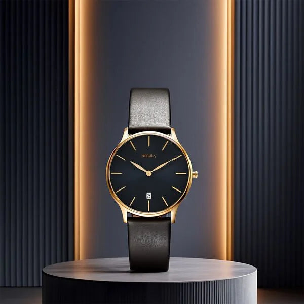 Titan Nebula 18K Gold Dial Black Leather Strap Analog with Date Watch for Men