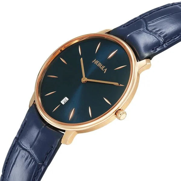 Titan Nebula 18K Gold Dial Blue Leather Strap Analog with Date Watch for Men
