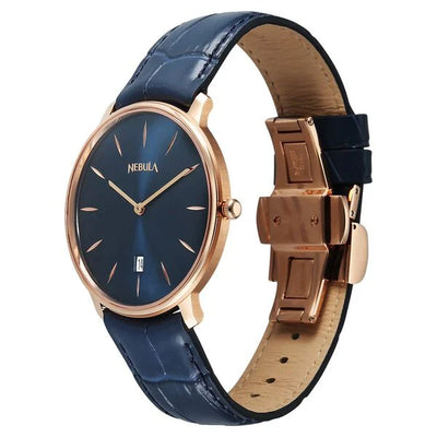Titan Nebula 18K Gold Dial Blue Leather Strap Analog with Date Watch for Men