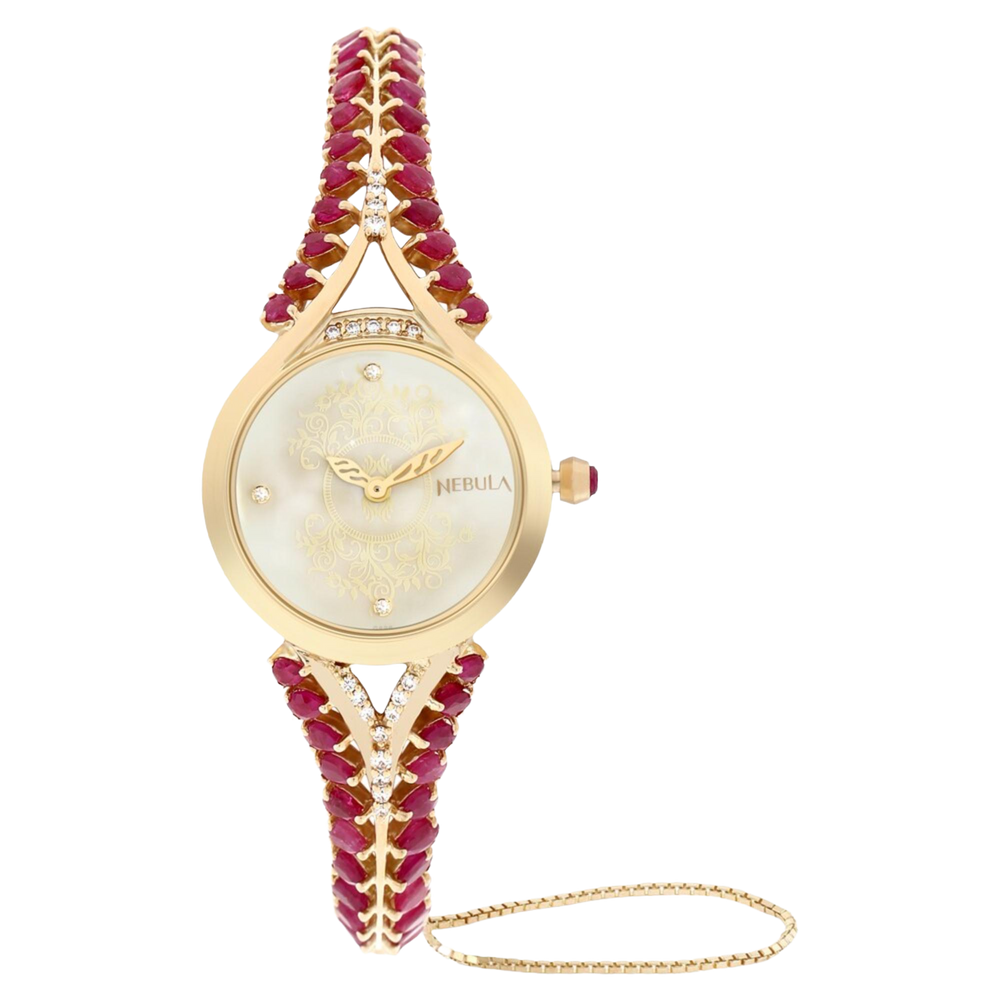 Titan Nebula 18K Gold Dial Diamonds and Rubies Studded Strap Watch for Women