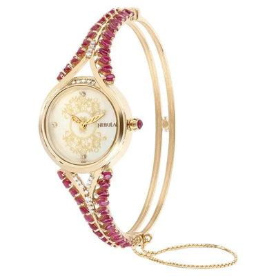Titan Nebula 18K Gold Dial Diamonds and Rubies Studded Strap Watch for Women