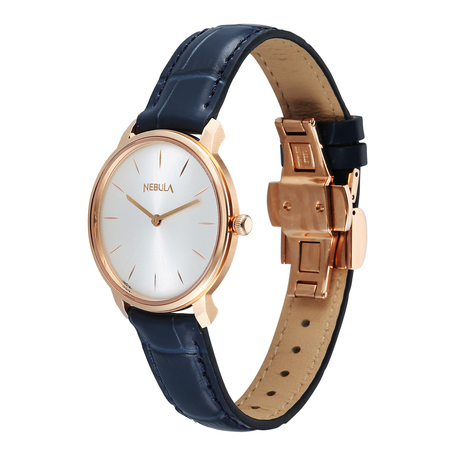 Titan Nebula 18K Gold Dial Blue Leather Strap Analog Watch For Women