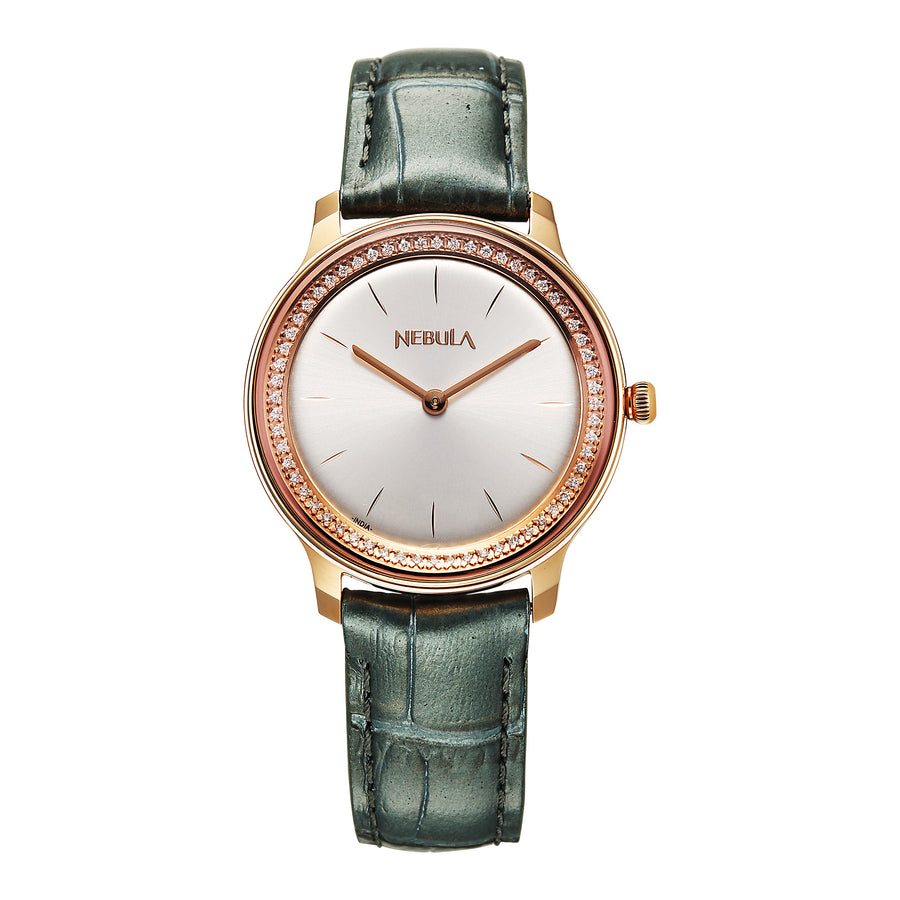 Titan Nebula 18K Gold Dial Grey Leather Strap Analog Watch For Women
