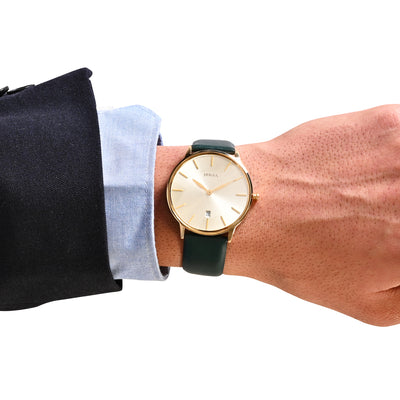 Titan Nebula 18K Gold Dial Green Leather Strap Analog with Date Watch for Men
