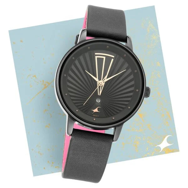 Fastrack Ruffles Quartz Analog with Date Black Dial Leather Strap Watch for Girls