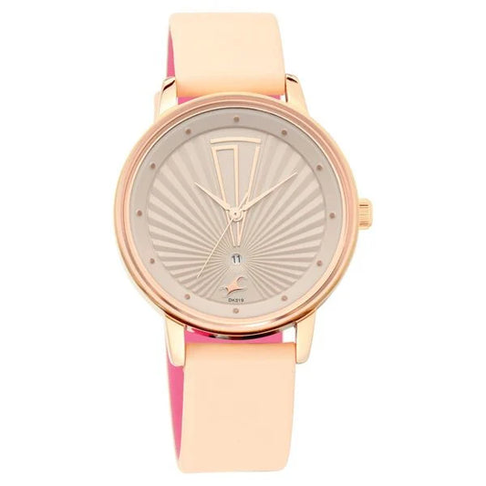 Fastrack Ruffles Quartz Analog with Date Beige Dial Leather Strap Watch for Girls
