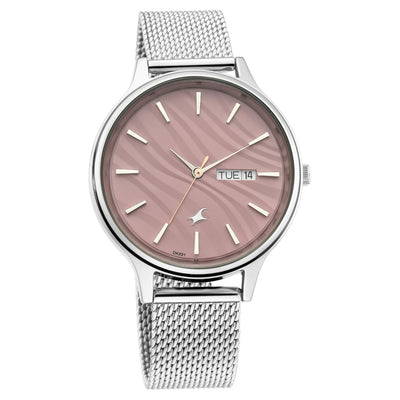 Fastrack Ruffles Quartz Analog with Day and Date Pink Dial Stainless Steel Strap Watch for Girls