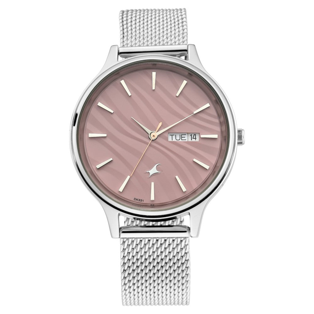 Fastrack Ruffles Quartz Analog with Day and Date Pink Dial Stainless Steel Strap Watch for Girls