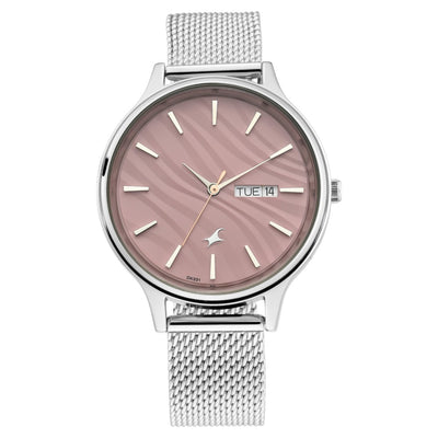 Fastrack Ruffles Quartz Analog with Day and Date Pink Dial Stainless Steel Strap Watch for Girls