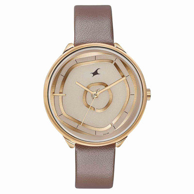 Fastrack Stunners Analog Rose Gold Dial Brown Leather Strap Watch For Girls