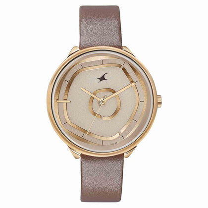 Fastrack Stunners Analog Rose Gold Dial Brown Leather Strap Watch For Girls