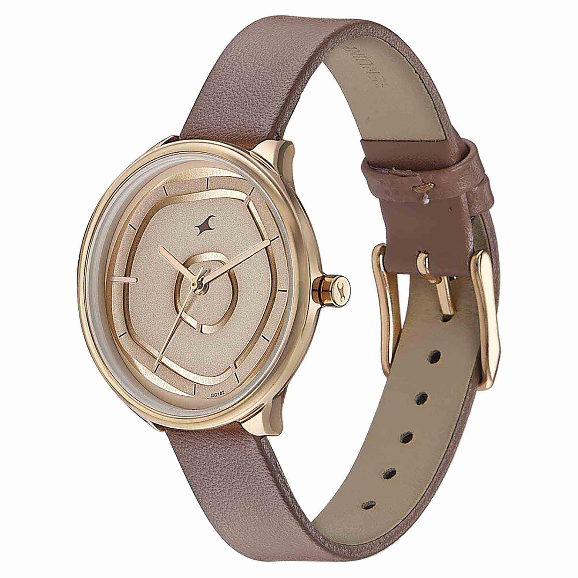 Fastrack Stunners Analog Rose Gold Dial Brown Leather Strap Watch For Women