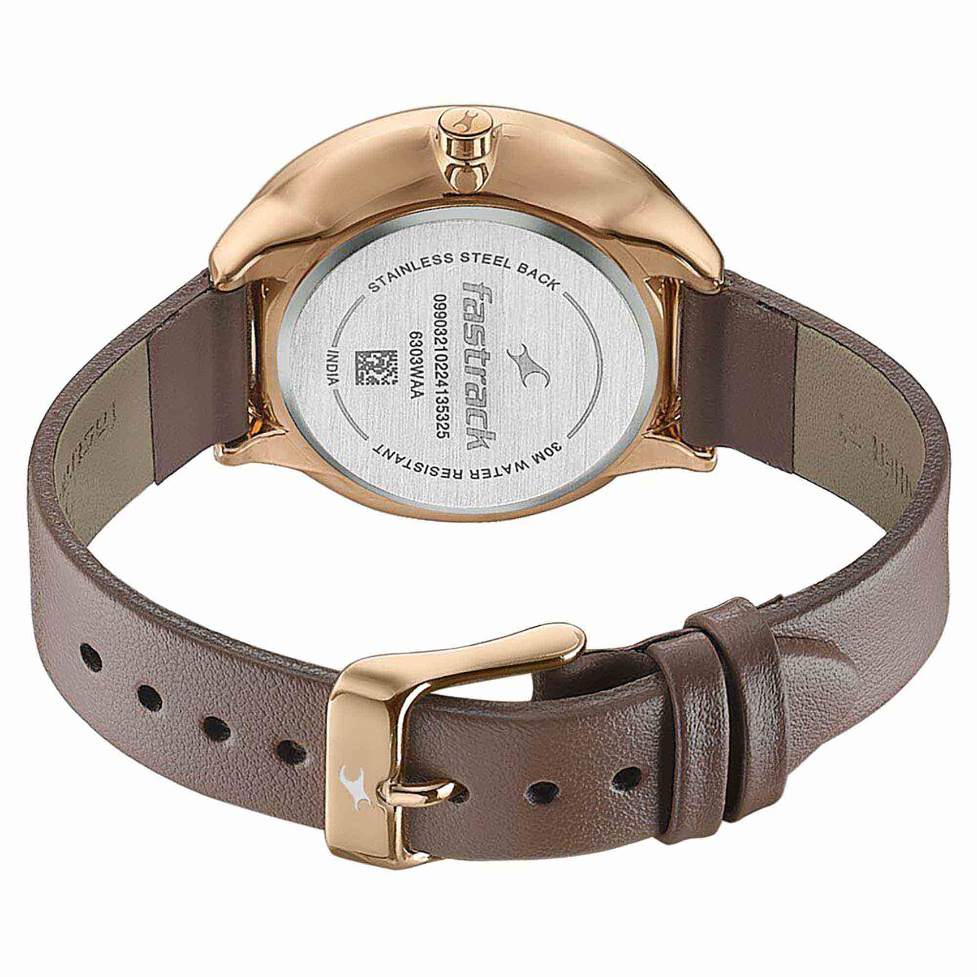 Fastrack Stunners Analog Rose Gold Dial Brown Leather Strap Watch For Women