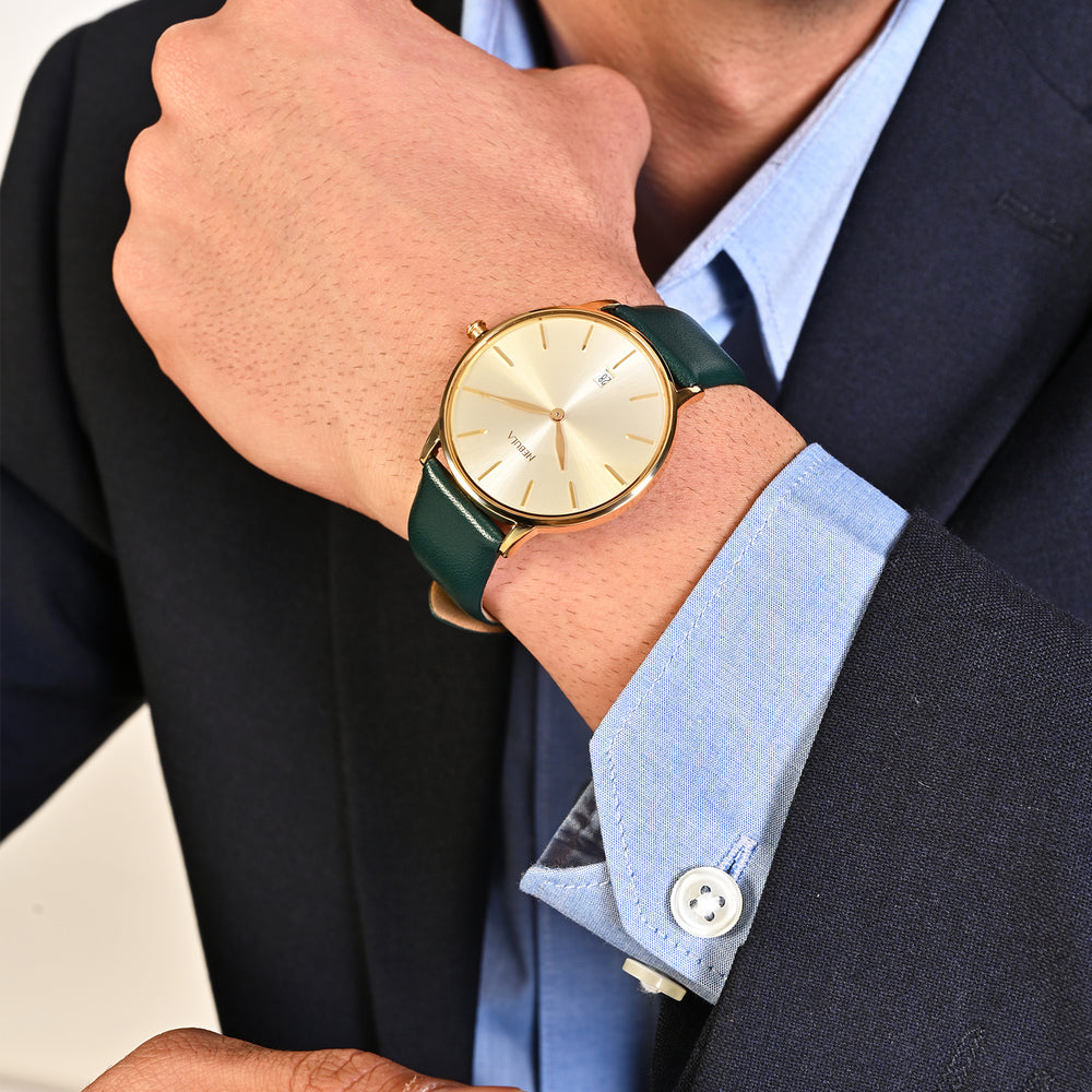 Titan Nebula 18K Gold Dial Green Leather Strap Analog with Date Watch for Men