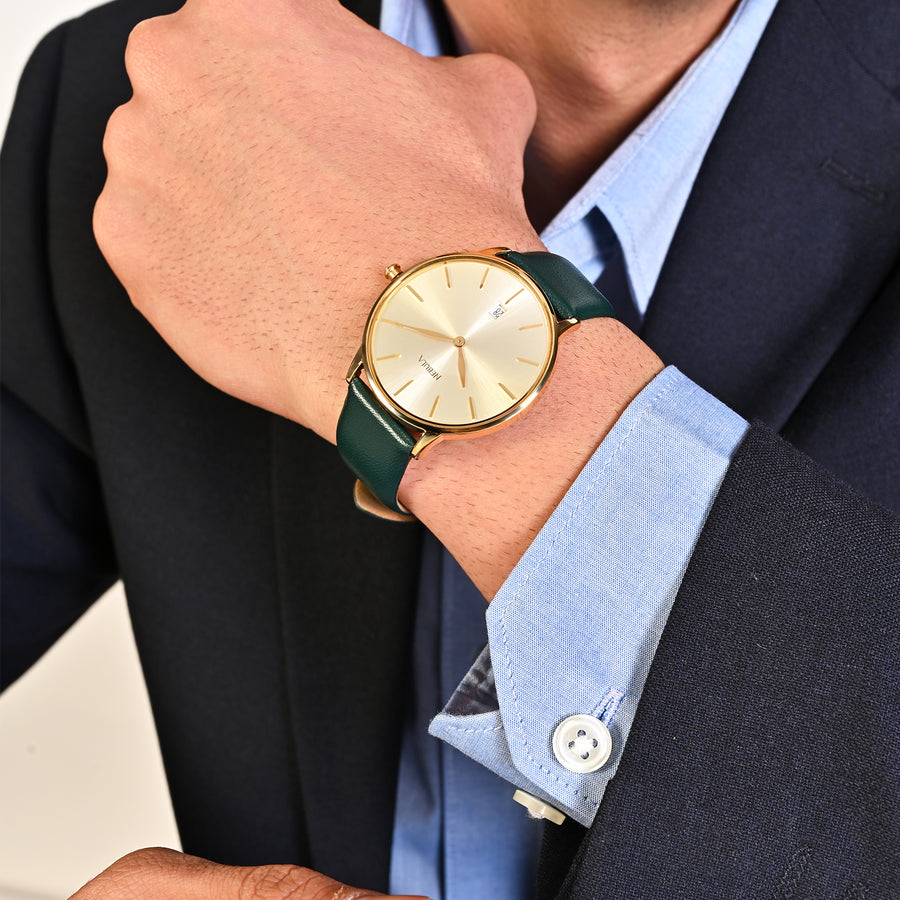 Titan Nebula 18K Gold Dial Green Leather Strap Analog with Date Watch for Men