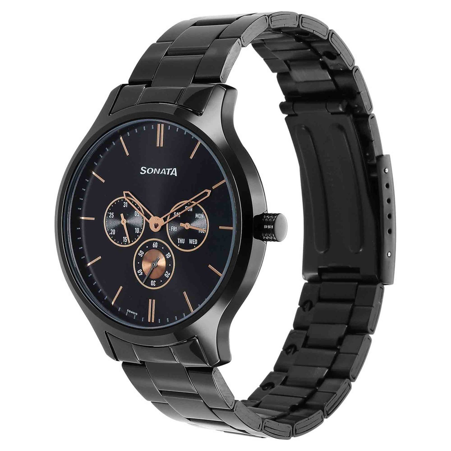 Sonata Quartz Multifunction Black Dial Stainless Steel Strap Watch for Men