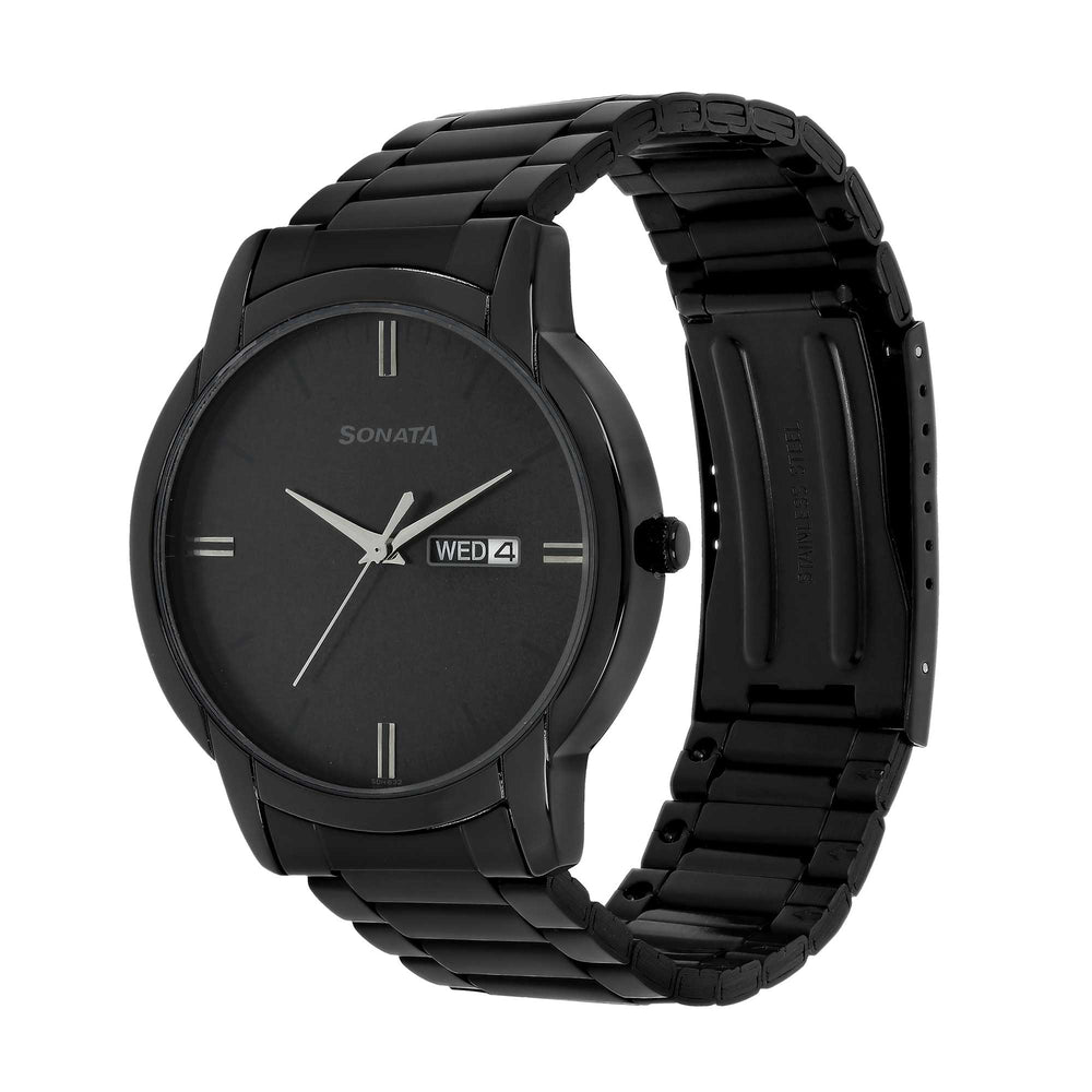 Sonata Quartz Analog with Day and Date Black Dial Stainless Steel Strap Watch for Men