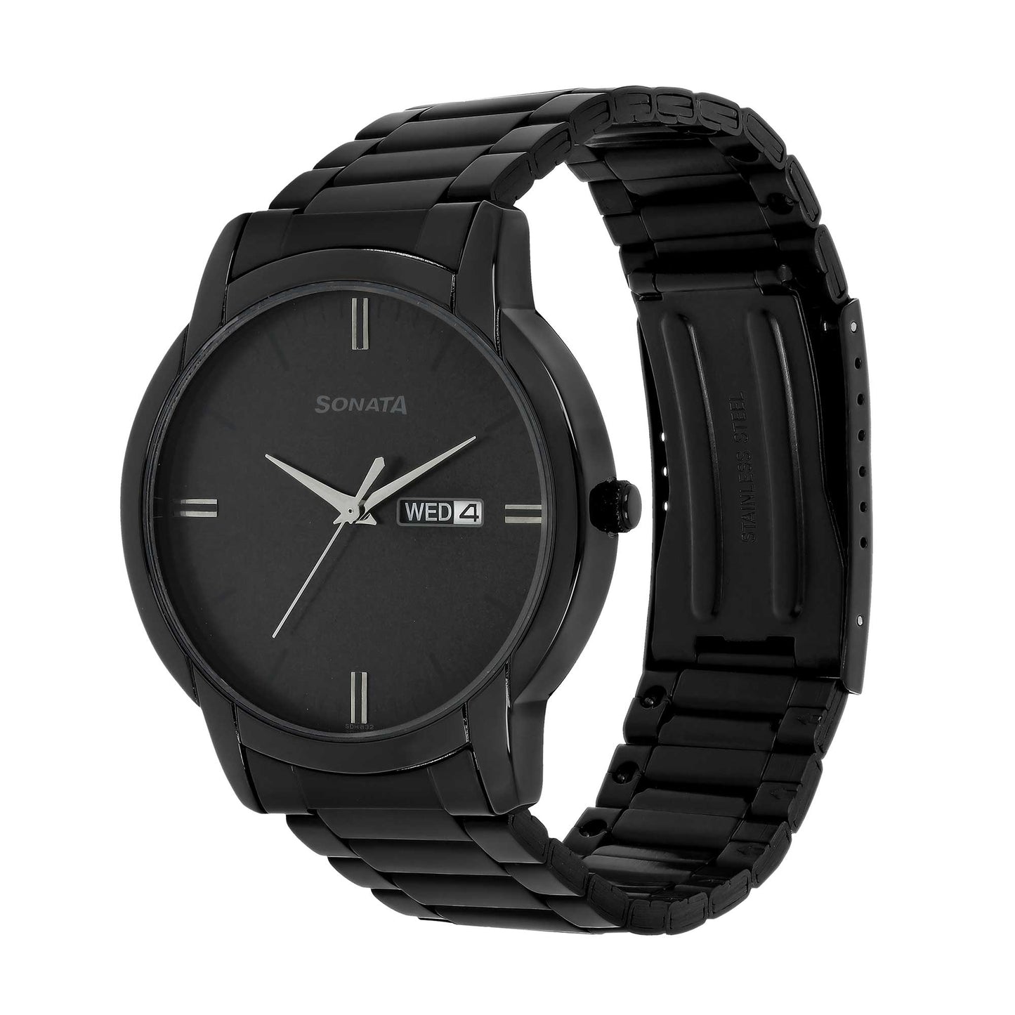 Sonata Quartz Analog with Day and Date Black Dial Stainless Steel Strap Watch for Men