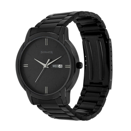 Sonata Quartz Analog with Day and Date Black Dial Stainless Steel Strap Watch for Men