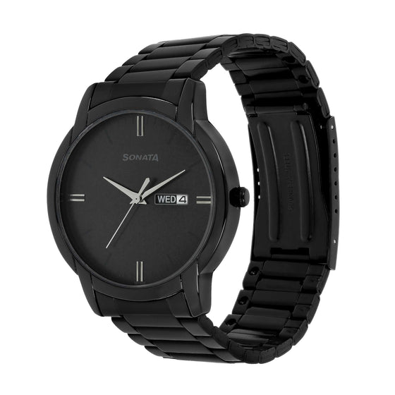 Sonata Quartz Analog with Day and Date Black Dial Stainless Steel Strap Watch for Men