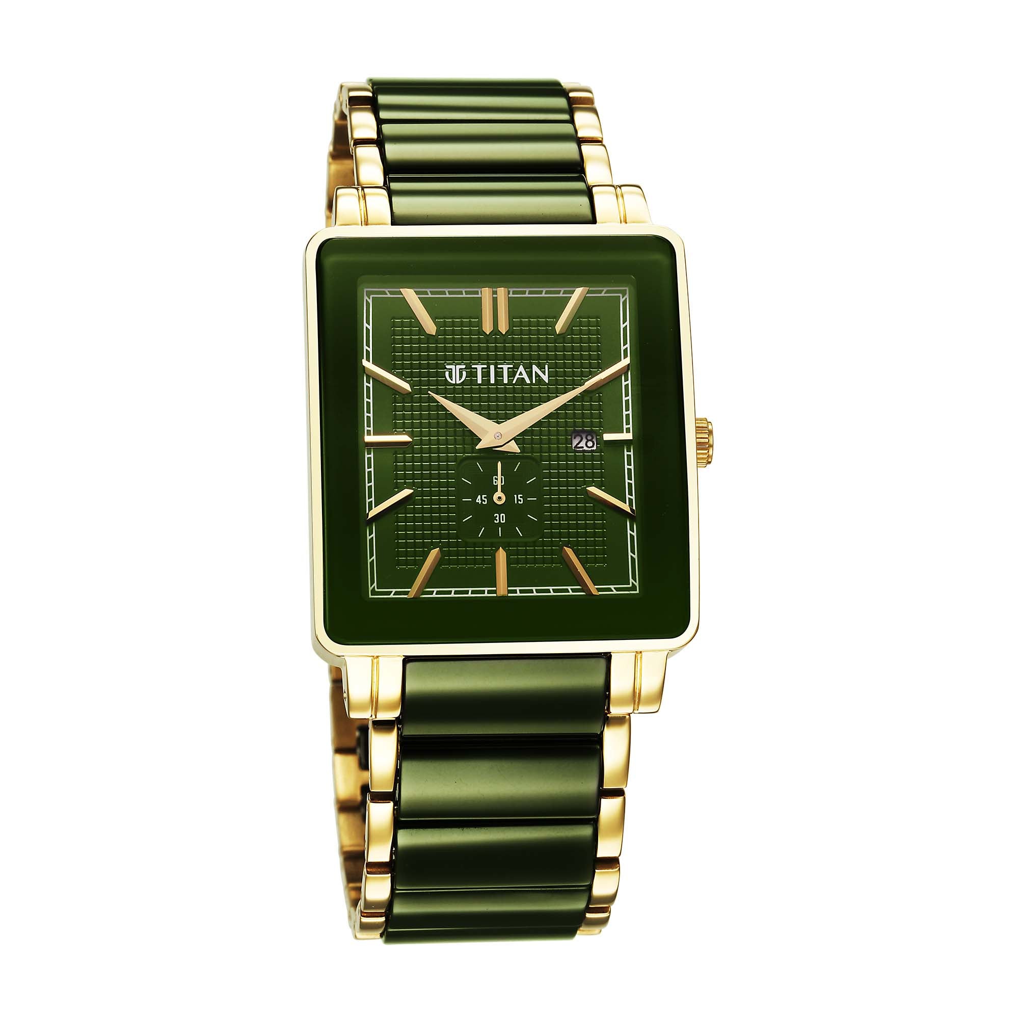 Titan Regalia Shaped Ceramic Quartz Analog with Date Green Dial Steel & Ceramic Strap Watch For Men (90013KD05)