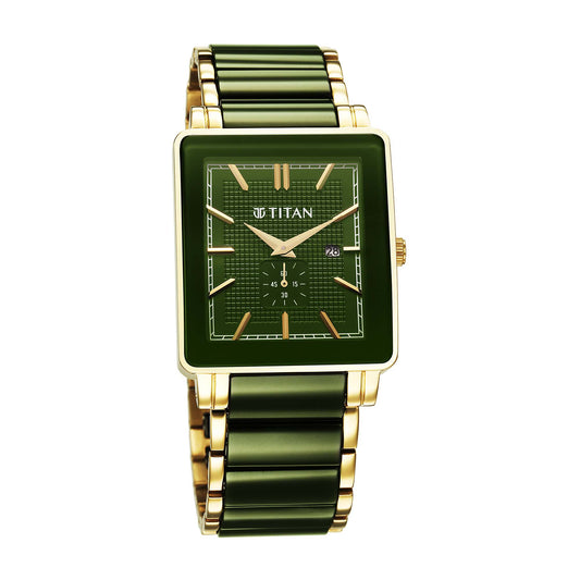 Titan Regalia Shaped Ceramic Quartz Analog with Date Green Dial Steel & Ceramic Strap Watch For Men (90013KD05)