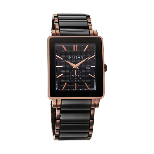 Titan Regalia Shaped Ceramic Quartz Analog with Date Black Dial Steel & Ceramic Strap Watch For Men (90013KD06)