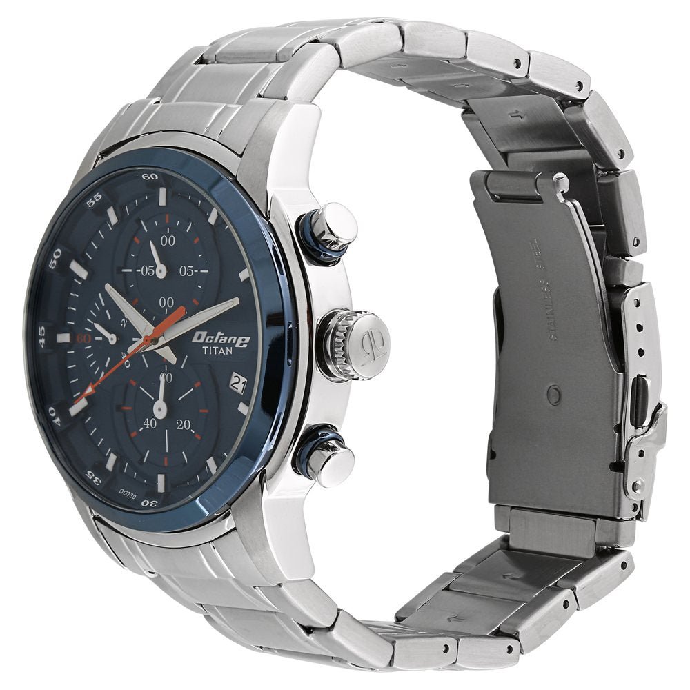 Titan Octane Blue Dial Silver Stainless Steel Strap Chronograph Watch for Men