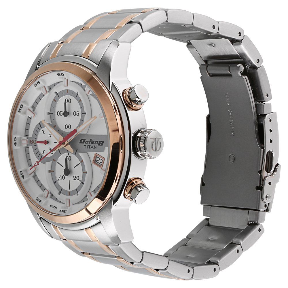 Titan Octane White Dial Dual Color Stainless Steel Strap Chronograph Watch for Men