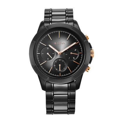 Titan Quartet Black Dial Analog with Day and Date Steel and Ceramic Strap watch for Men